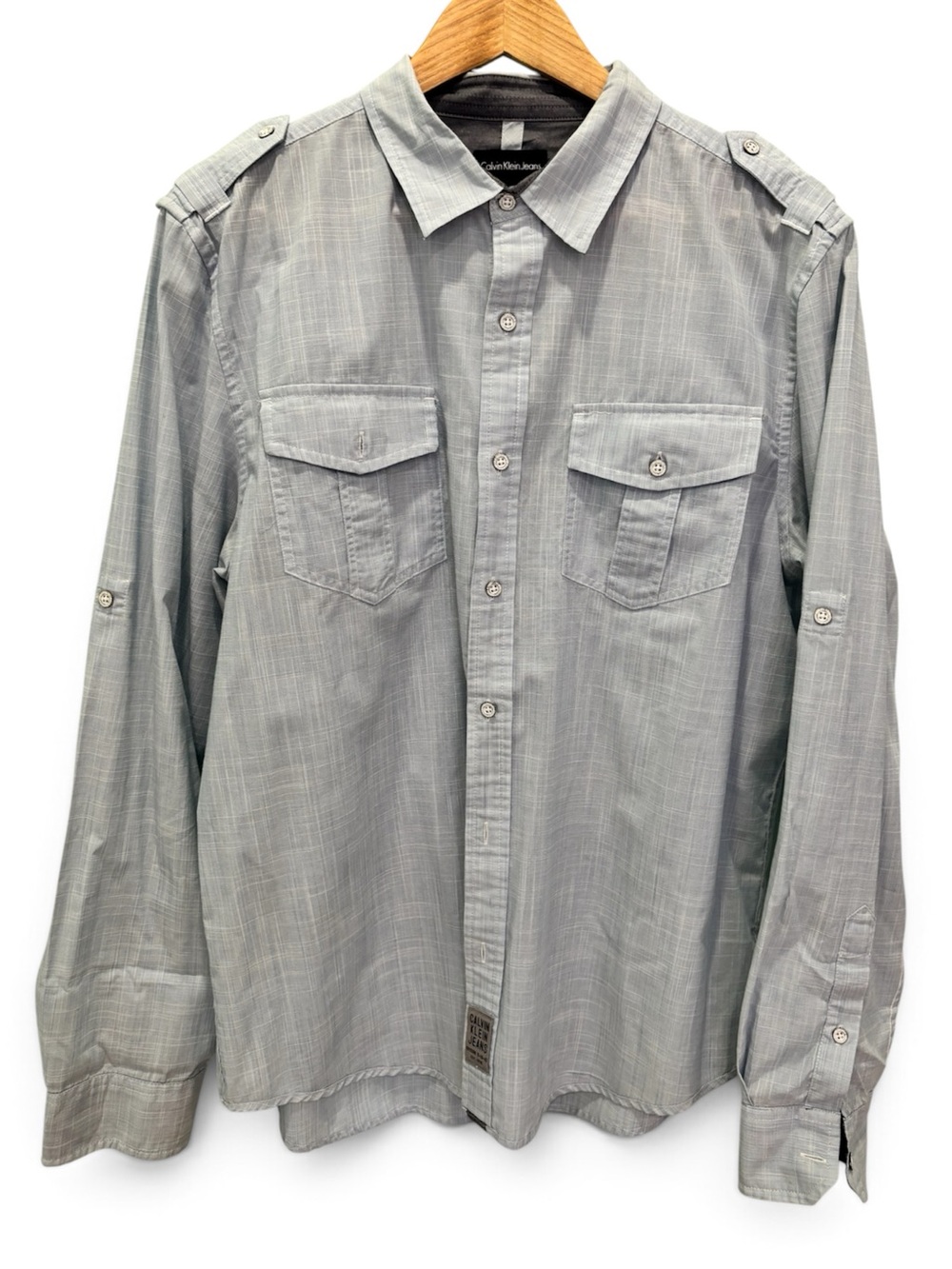 Calvin Klein Jeans Men's Grey Grid Military Button Down Shirt | Size L